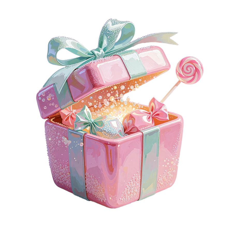 R&oacute;żowa skrzynia loot box z miętową wstążką, z kt&oacute;rej wylatują cukierki i mały lizak - Bonus Shop Iris
